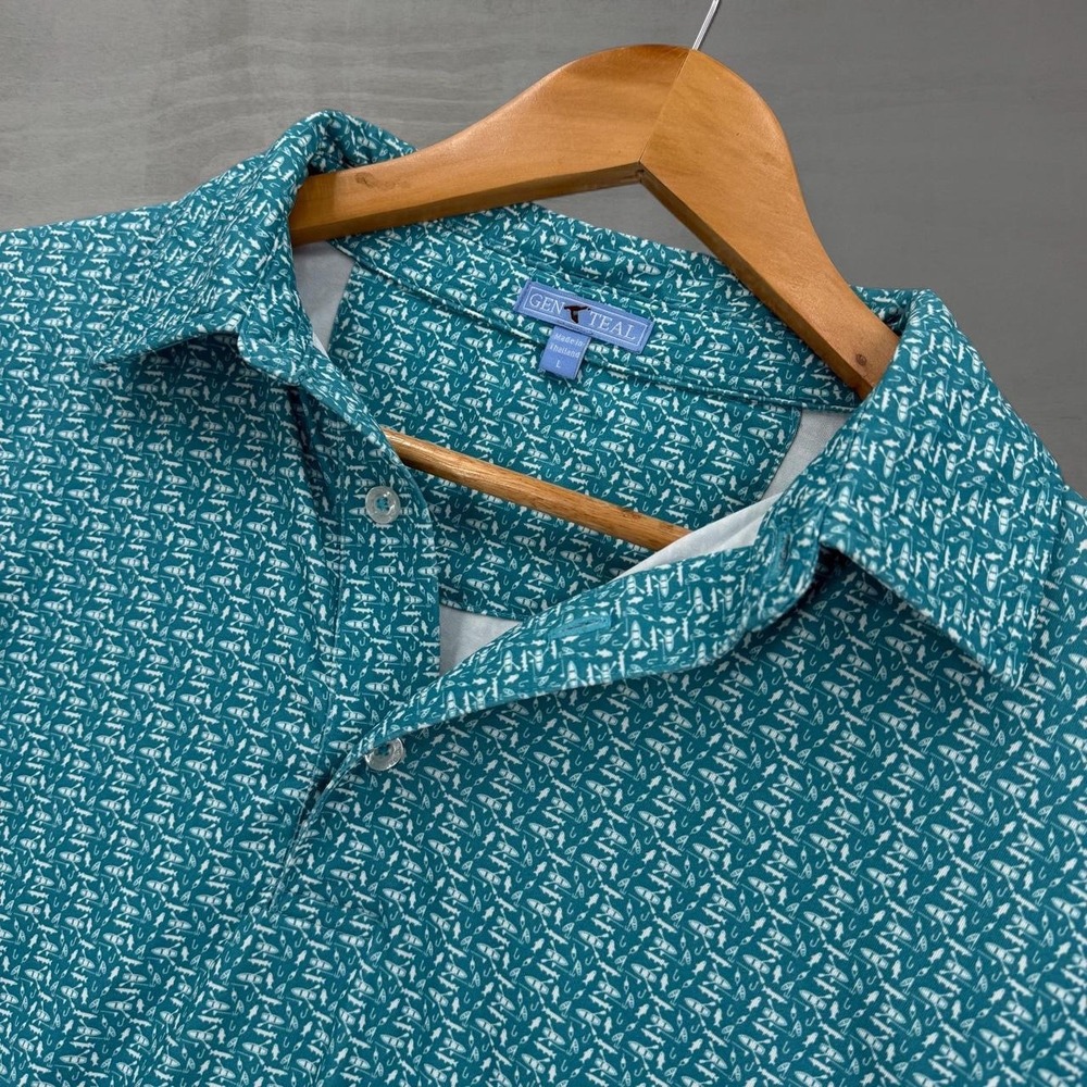 GenTeal Performance Polo Teal Fishing Boat Print Stretch Shirt Large